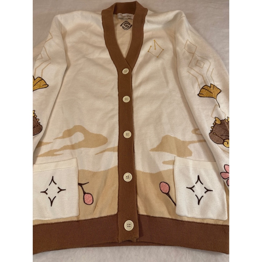 Genshin Impact flowers zhongli cotton embroidered Cardigan Cream Tan Medium - Picture 6 of 16